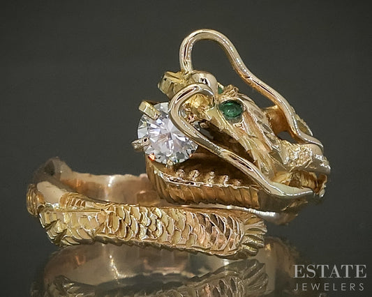 Vintage 14k Yellow Gold Natural Emerald & Diamond Dragon Wrap Ring 5.7g p27468