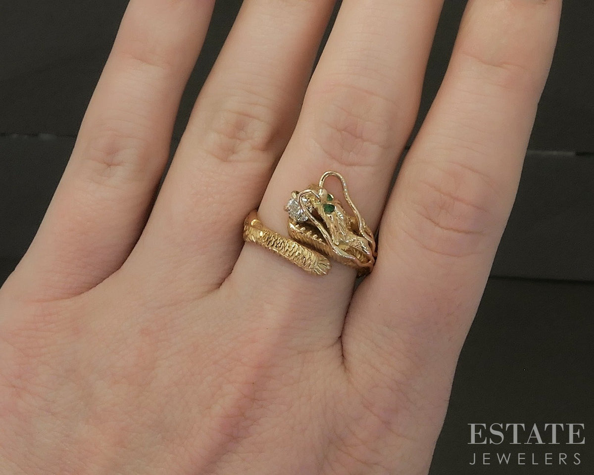 Vintage 14k Yellow Gold Natural Emerald & Diamond Dragon Wrap Ring 5.7g p27468