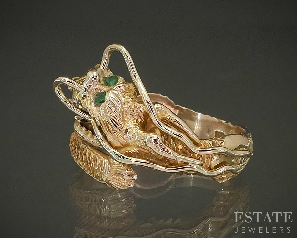 Vintage 14k Yellow Gold Natural Emerald & Diamond Dragon Wrap Ring 5.7g p27468