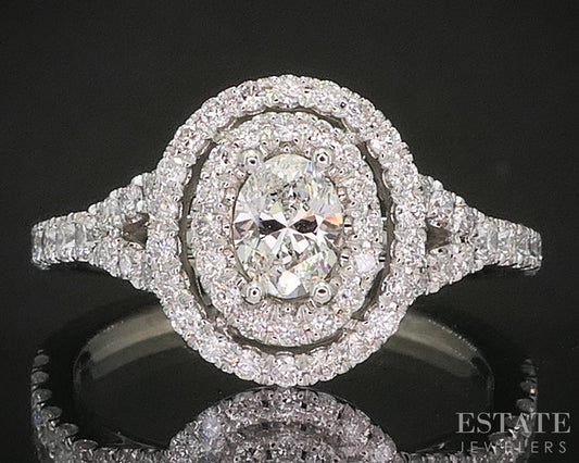 14k White Gold Oval Natural .81ctw Diamond Halo Engagement Ring 3.4g p29440