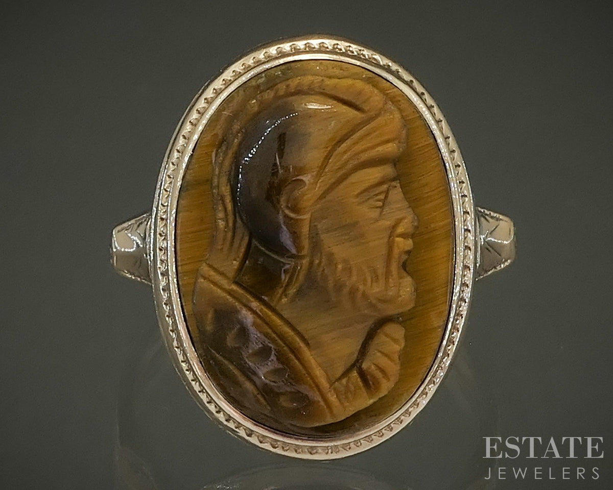 Antique 10k Yellow Gold Natural Tigers Eye Cameo Ladies Ring 3.0g p28938