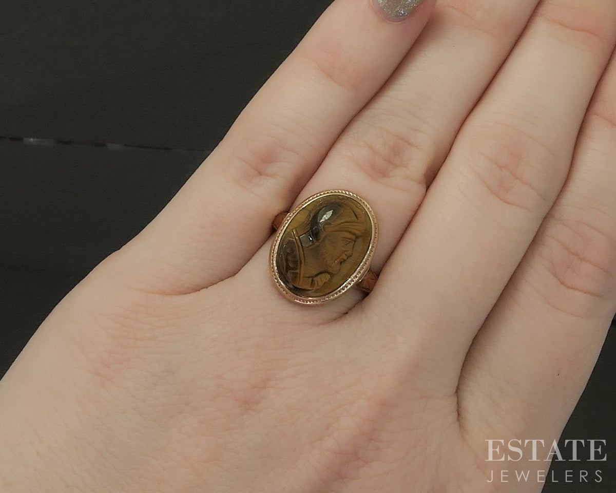 Antique 10k Yellow Gold Natural Tigers Eye Cameo Ladies Ring 3.0g p28938