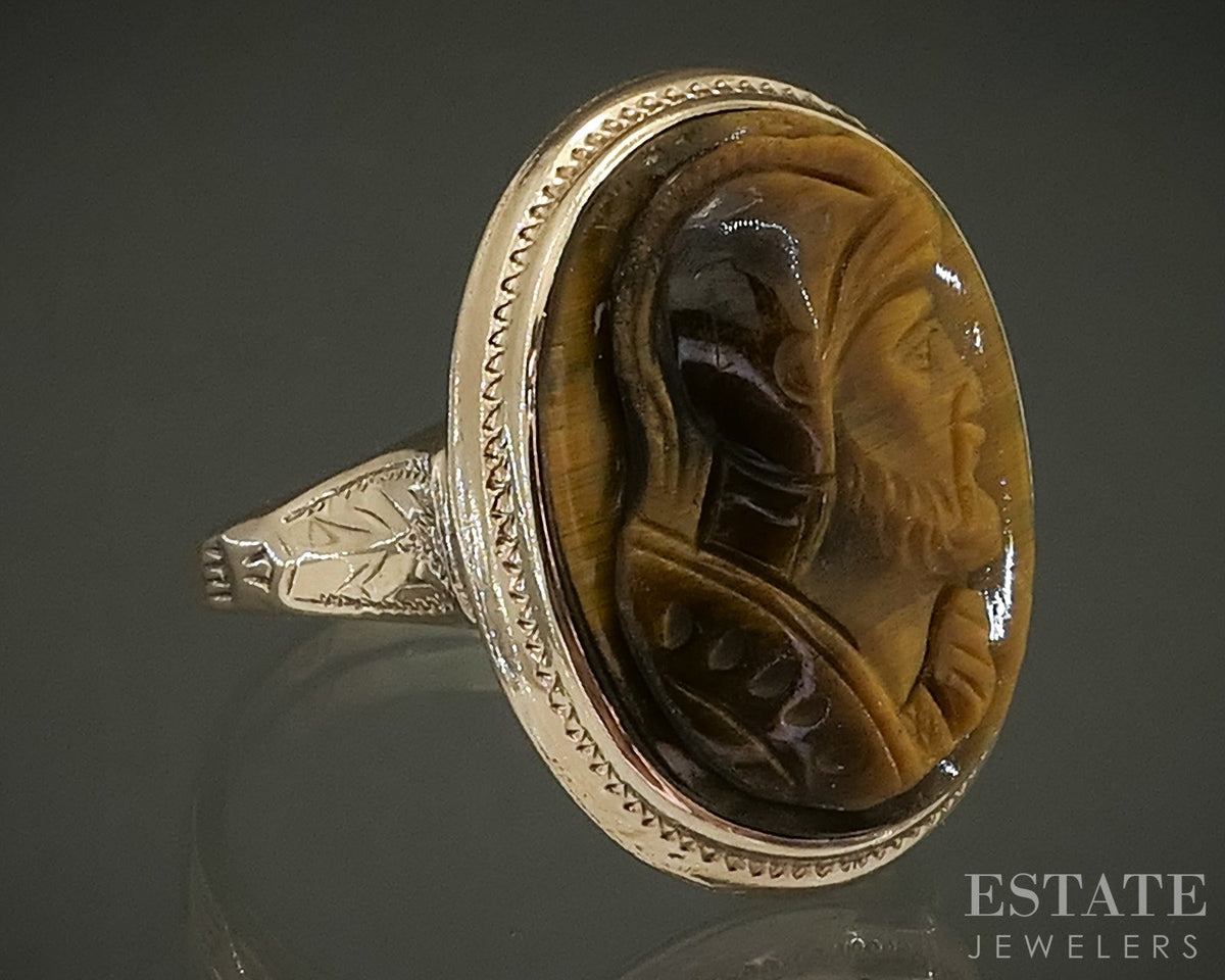 Antique 10k Yellow Gold Natural Tigers Eye Cameo Ladies Ring 3.0g p28938