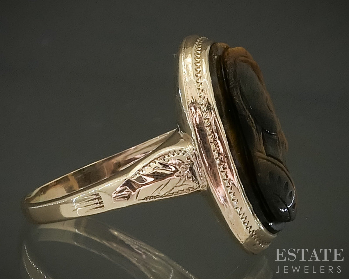Antique 10k Yellow Gold Natural Tigers Eye Cameo Ladies Ring 3.0g p28938