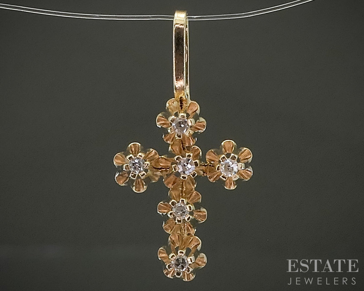 Vintage 14k Yellow Gold Natural Diamond Cross Pendant 0.5g p29243