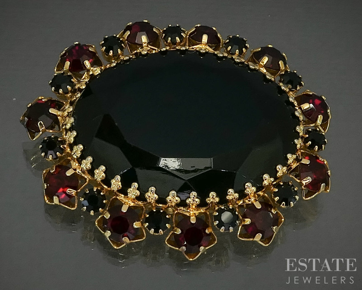 Vintage Gold Tone Elsa Schiaparelli Red Rhinestone Pin Brooch p29245
