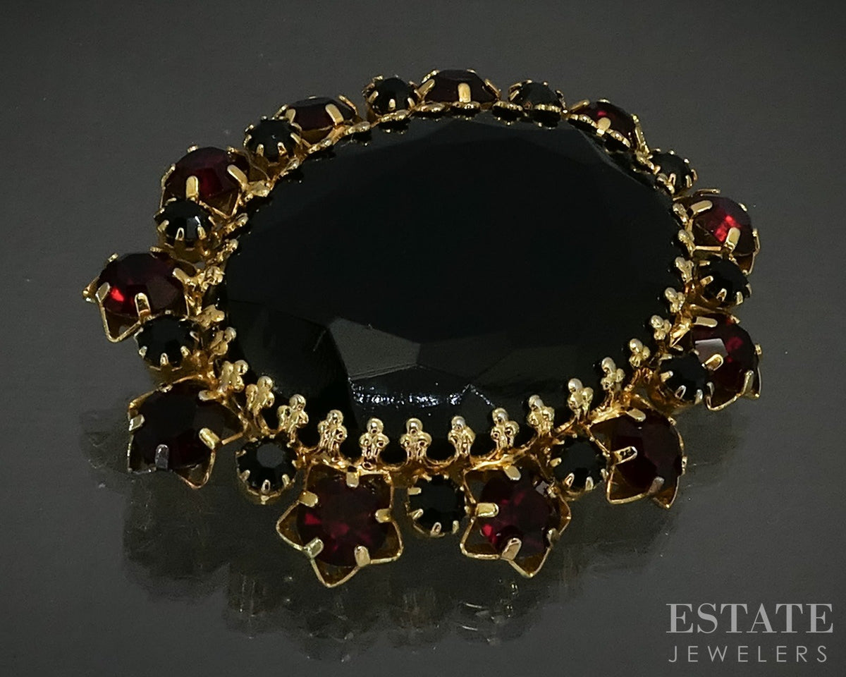 Vintage Gold Tone Elsa Schiaparelli Red Rhinestone Pin Brooch p29245