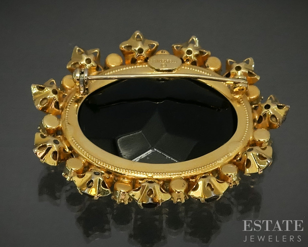 Vintage Gold Tone Elsa Schiaparelli Red Rhinestone Pin Brooch p29245