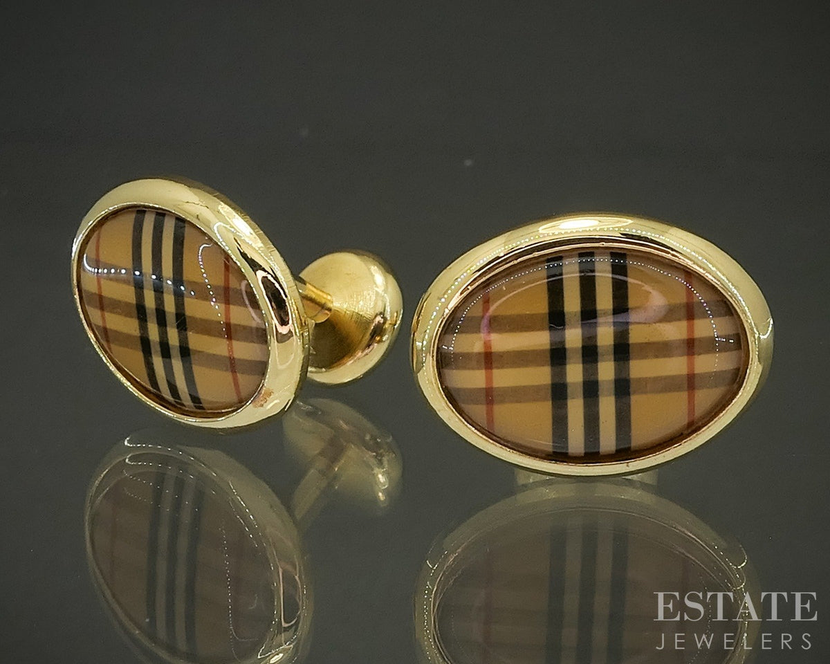 Gold Tone Burberry Novo Check Plaid Oval Men's Cufflinks p29261