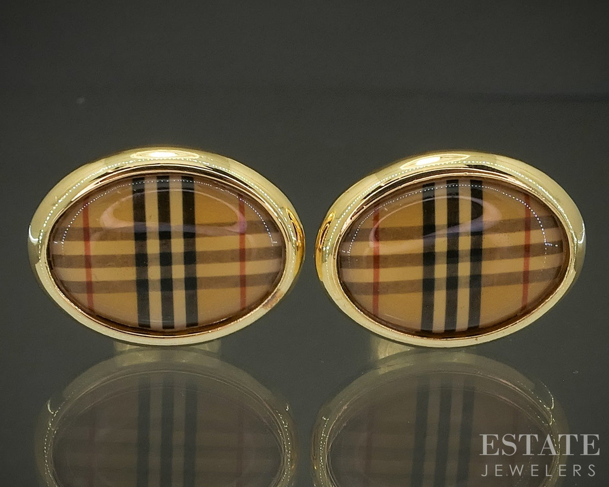 Gold Tone Burberry Novo Check Plaid Oval Men's Cufflinks p29261