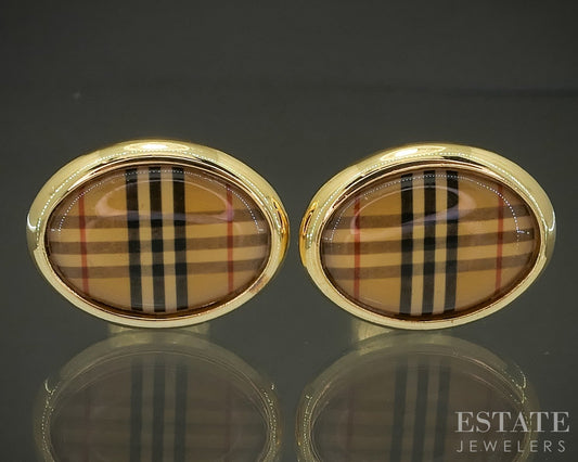 Gold Tone Burberry Novo Check Plaid Oval Men's Cufflinks p29261
