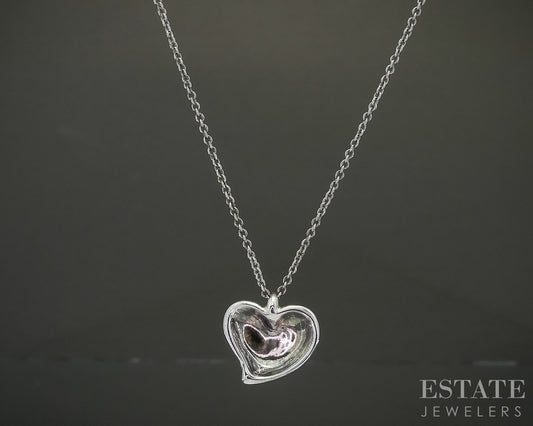 Sterling Tiffany & Co. Elsa Peretti Carved Heart Necklace 3.8g 16"L p29086