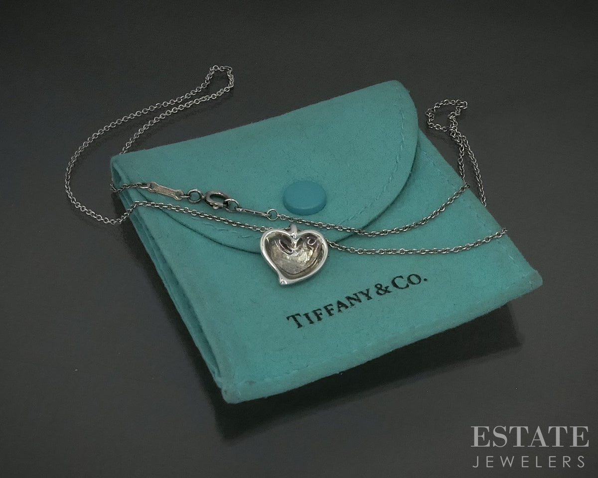 Sterling Tiffany & Co. Elsa Peretti Carved Heart Necklace 3.8g 16"L p29086