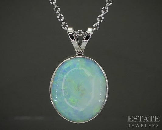 14k White Gold Oval 4.20ct Natural Opal Ladies Necklace 3.5g 16"L p31112