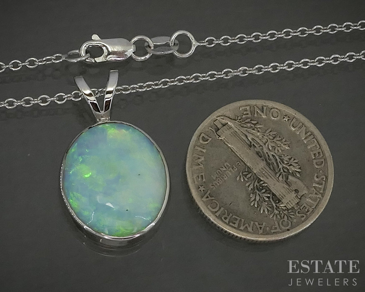 14k White Gold Oval 4.20ct Natural Opal Ladies Necklace 3.5g 16"L p31112