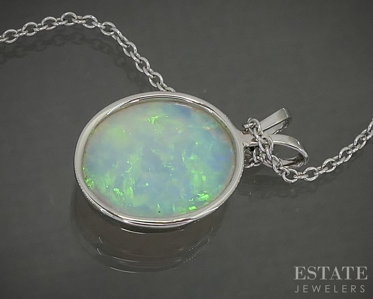 14k White Gold Oval 4.20ct Natural Opal Ladies Necklace 3.5g 16"L p31112