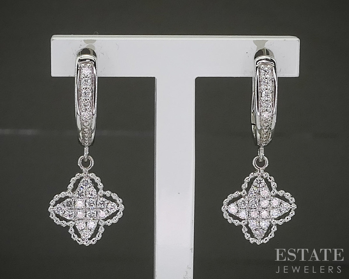 14k White Gold Natural .35ctw Diamond Clover Hoop Dangle Earrings 2.6g p31124