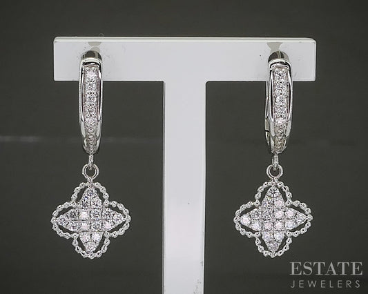 14k White Gold Natural .35ctw Diamond Clover Hoop Dangle Earrings 2.6g p31124