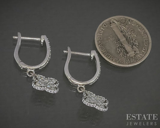 14k White Gold Natural .35ctw Diamond Clover Hoop Dangle Earrings 2.6g p31124