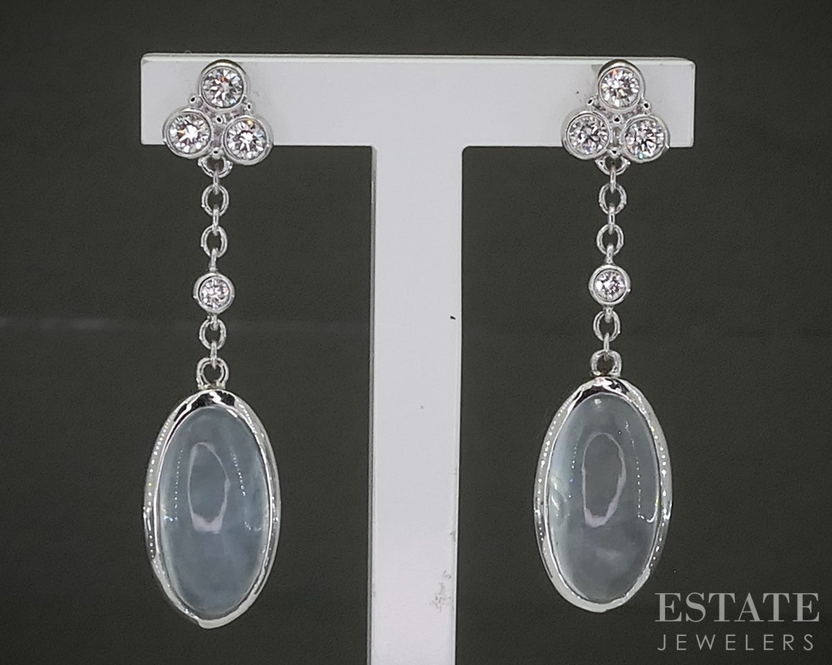 14k White Gold Cabochon Natural Aquamarine & Diamond Dangle Earrings 3.8g p31120