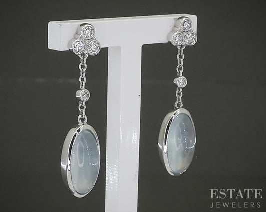14k White Gold Cabochon Natural Aquamarine & Diamond Dangle Earrings 3.8g p31120