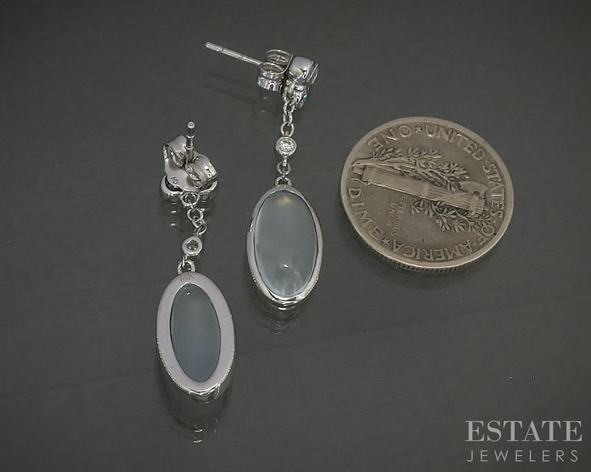 14k White Gold Cabochon Natural Aquamarine & Diamond Dangle Earrings 3.8g p31120