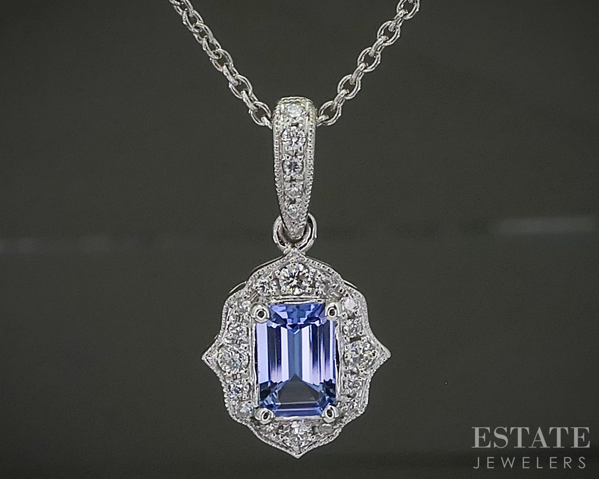 14k White Gold Emerald Cut Natural Tanzanite & Diamond Necklace 2.9g 18"L p31122