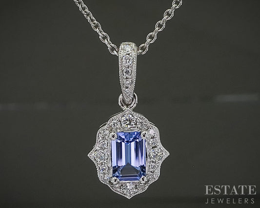 14k White Gold Emerald Cut Natural Tanzanite & Diamond Necklace 2.9g 18"L p31122