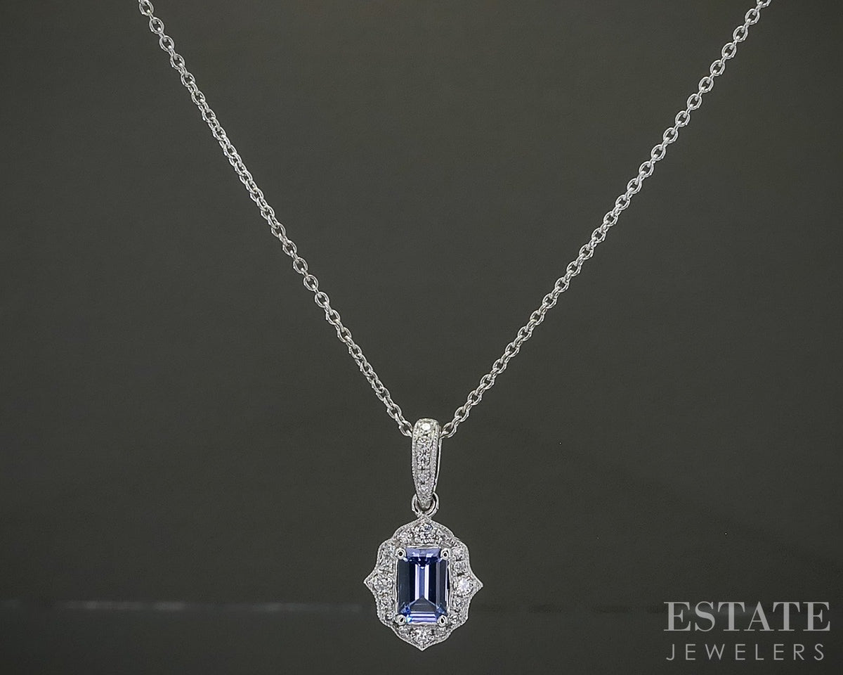 14k White Gold Emerald Cut Natural Tanzanite & Diamond Necklace 2.9g 18"L p31122