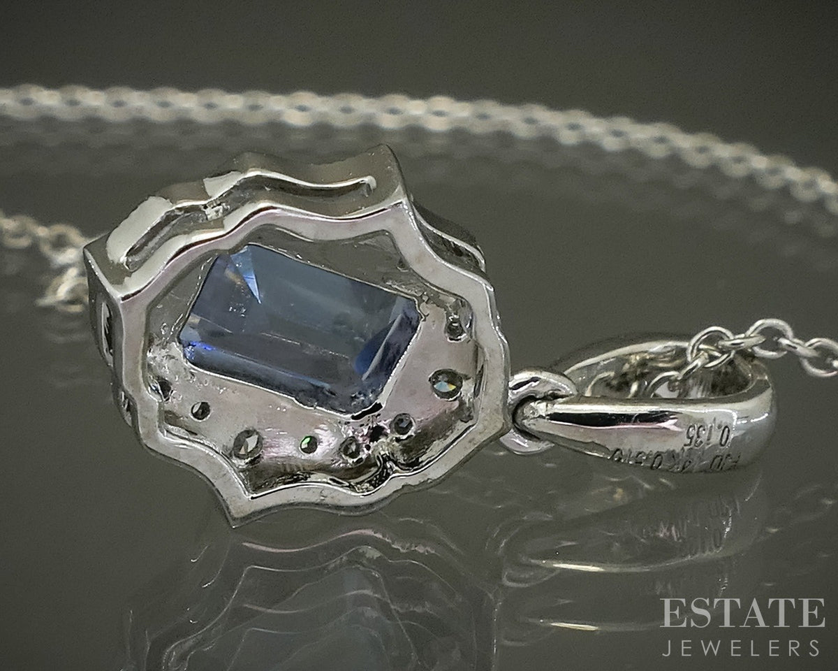 14k White Gold Emerald Cut Natural Tanzanite & Diamond Necklace 2.9g 18"L p31122