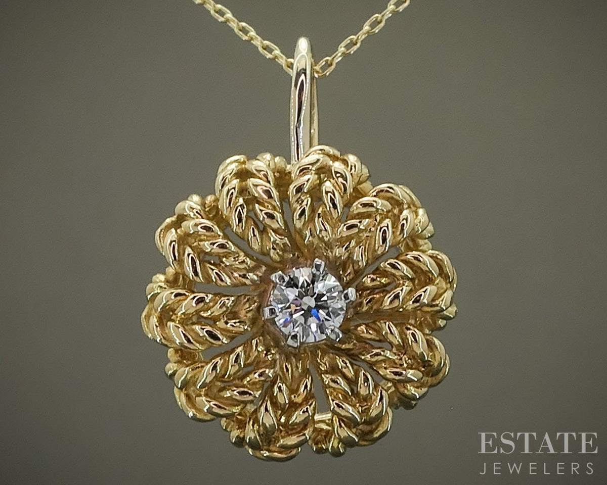 18k Yellow Gold Jabel Natural .10ct Diamond Flower Necklace 3.8g 18"L p29768