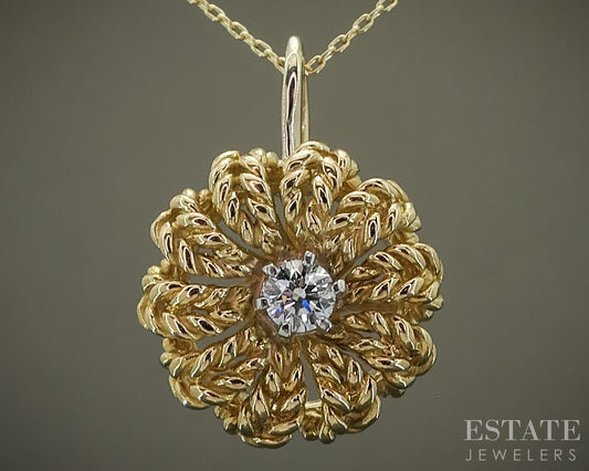 18k Yellow Gold Jabel Natural .10ct Diamond Flower Necklace 3.8g 18"L p29768