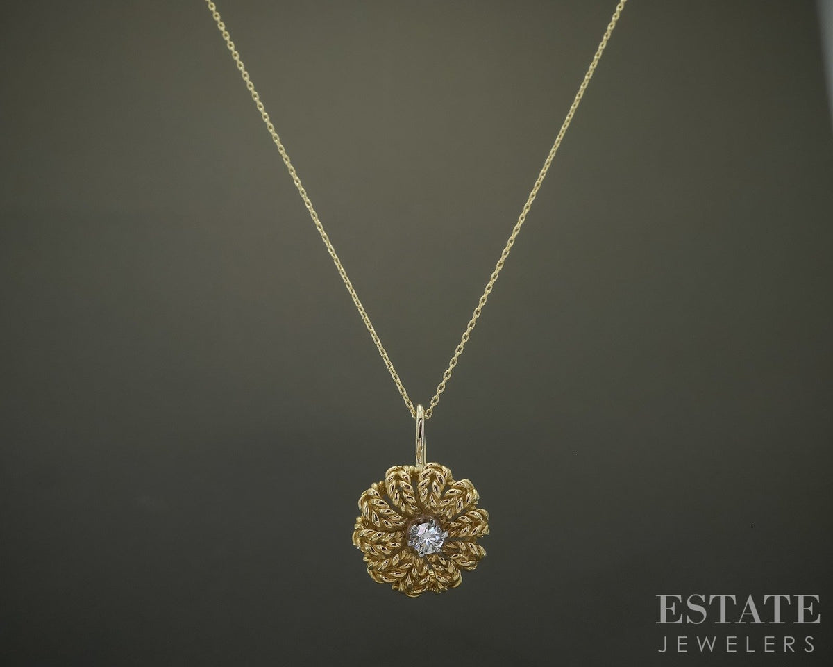 18k Yellow Gold Jabel Natural .10ct Diamond Flower Necklace 3.8g 18"L p29768