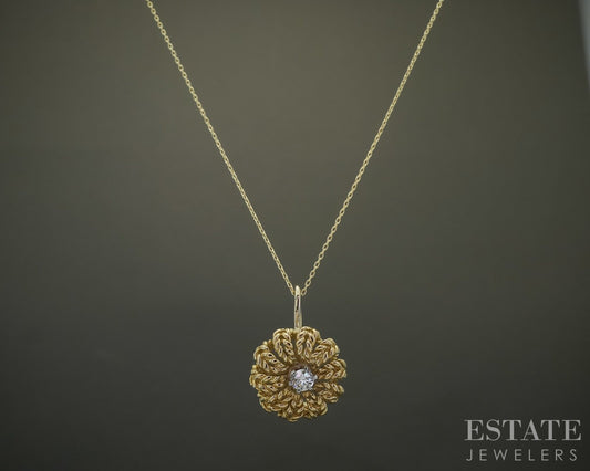 18k Yellow Gold Jabel Natural .10ct Diamond Flower Necklace 3.8g 18"L p29768