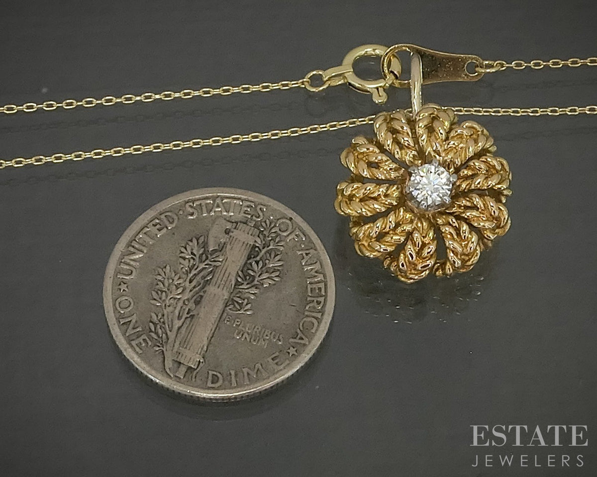 18k Yellow Gold Jabel Natural .10ct Diamond Flower Necklace 3.8g 18"L p29768
