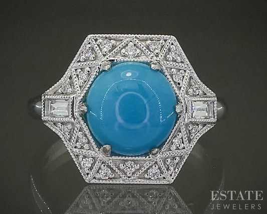 14k White Gold 1.64ct Natural Turquoise & Diamond Ladies Ring 4.7g p31039