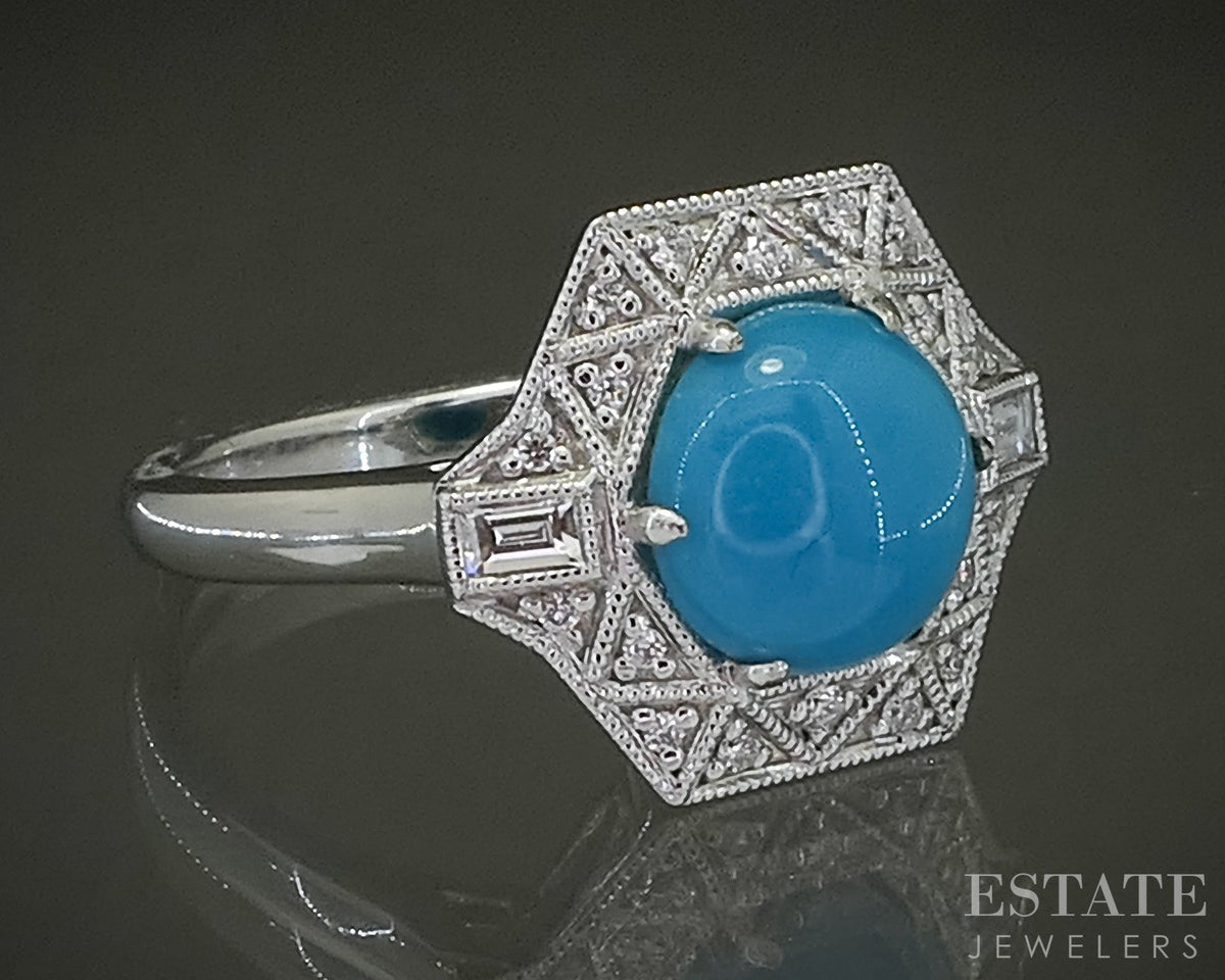 14k White Gold 1.64ct Natural Turquoise & Diamond Ladies Ring 4.7g p31039
