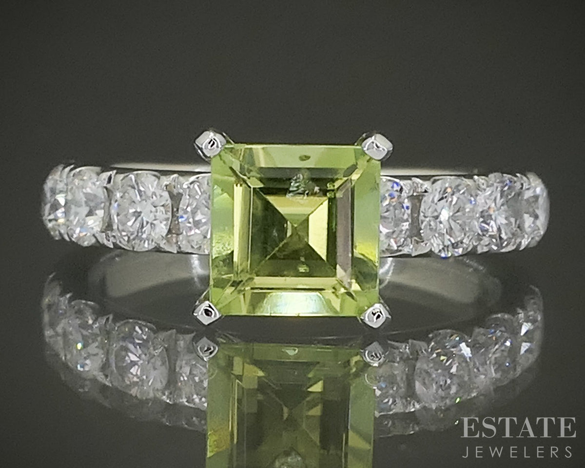14k White Gold Square 1.09ct Natural Peridot & Diamond Ring 3.5g p31043