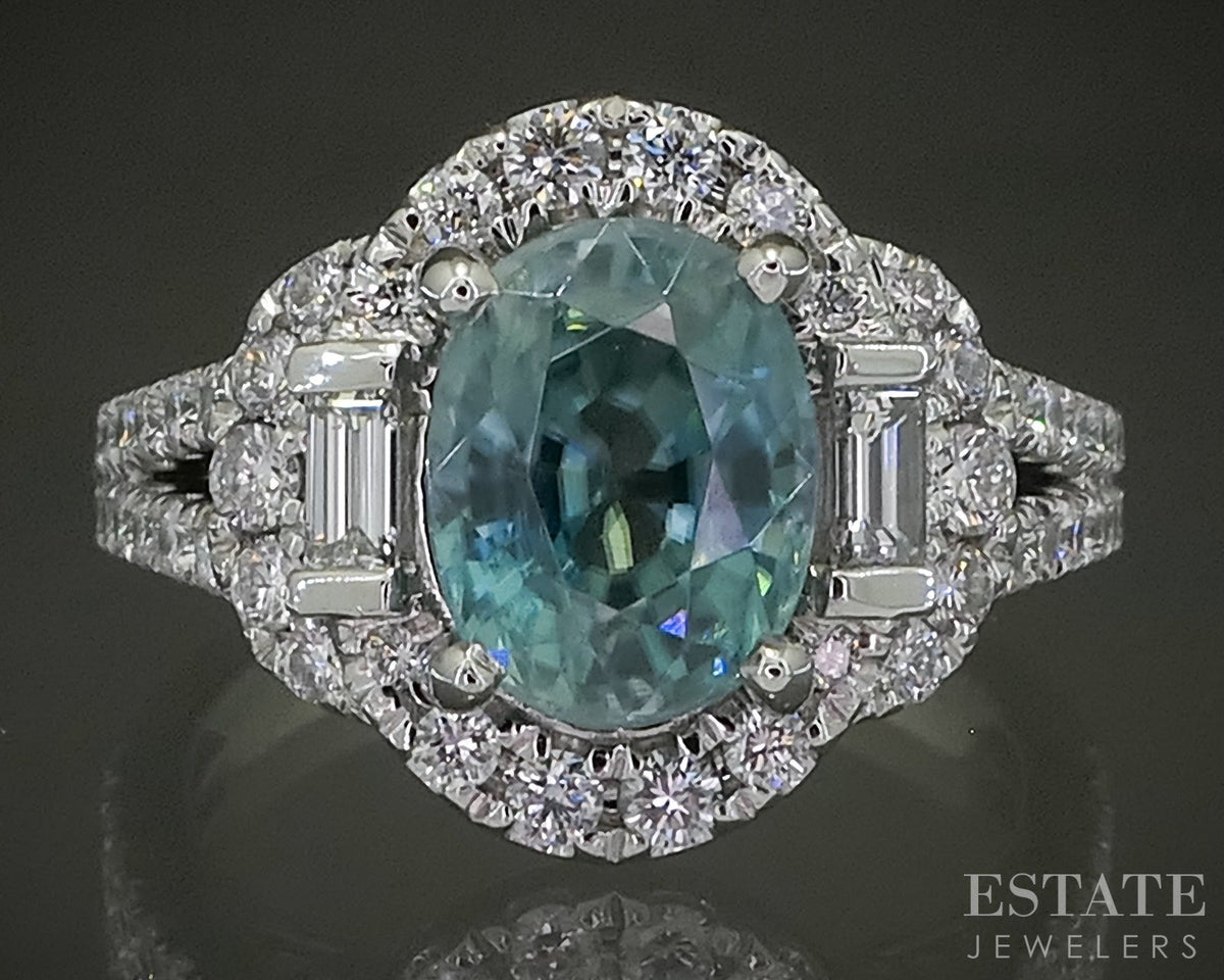 14k White Gold Round Natural Blue Zircon & Diamond Cocktail Ring 6.1g p31044
