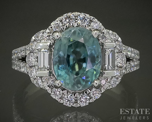 14k White Gold Round Natural Blue Zircon & Diamond Cocktail Ring 6.1g p31044