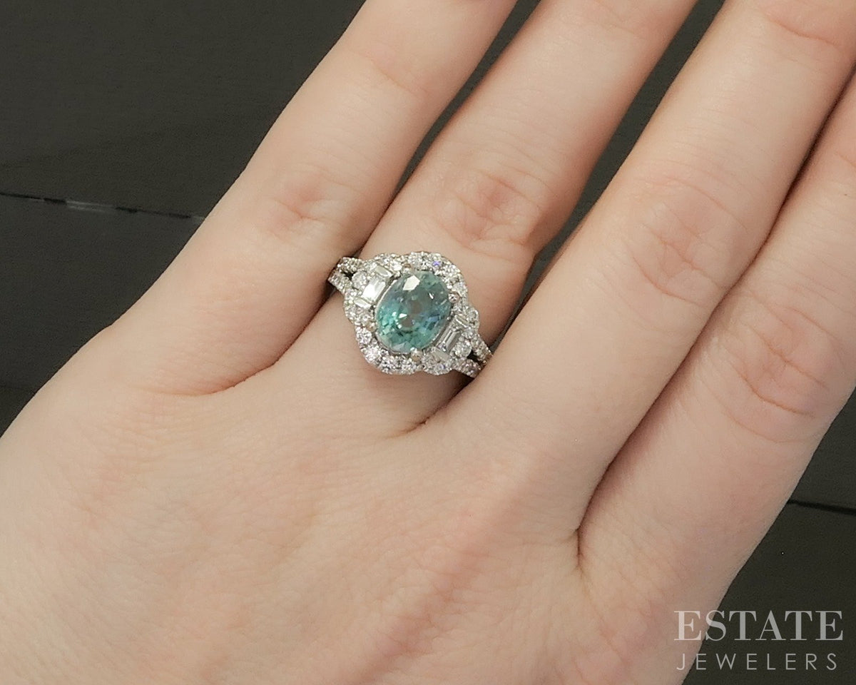14k White Gold Round Natural Blue Zircon & Diamond Cocktail Ring 6.1g p31044