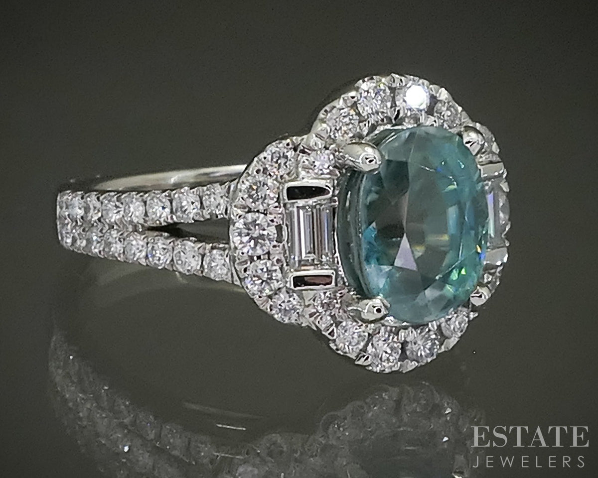 14k White Gold Round Natural Blue Zircon & Diamond Cocktail Ring 6.1g p31044