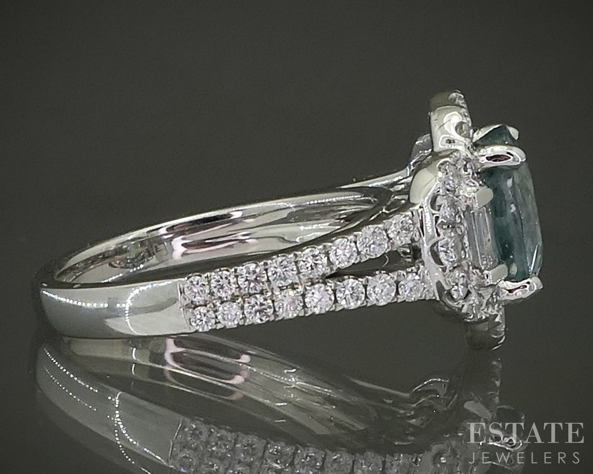 14k White Gold Round Natural Blue Zircon & Diamond Cocktail Ring 6.1g p31044