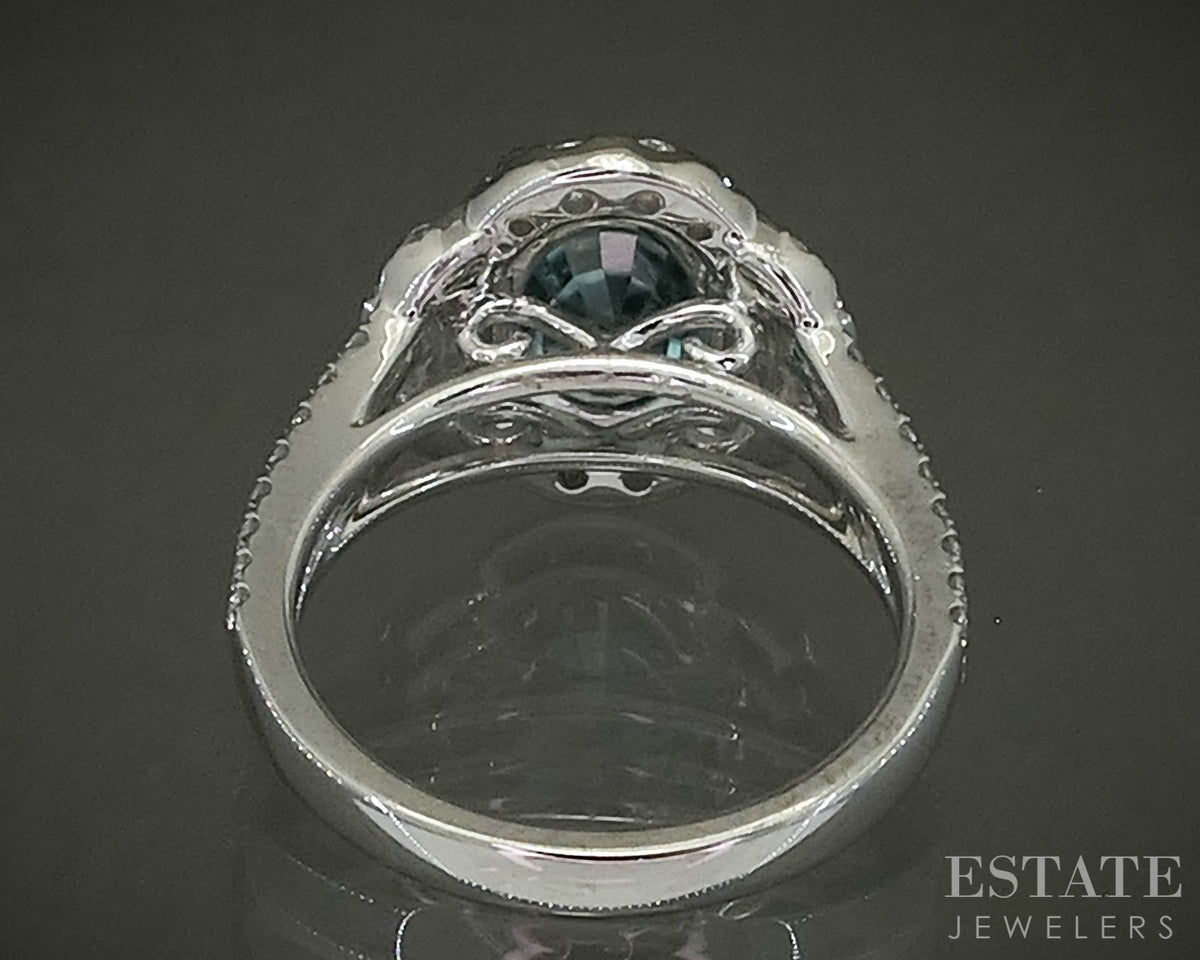 14k White Gold Round Natural Blue Zircon & Diamond Cocktail Ring 6.1g p31044