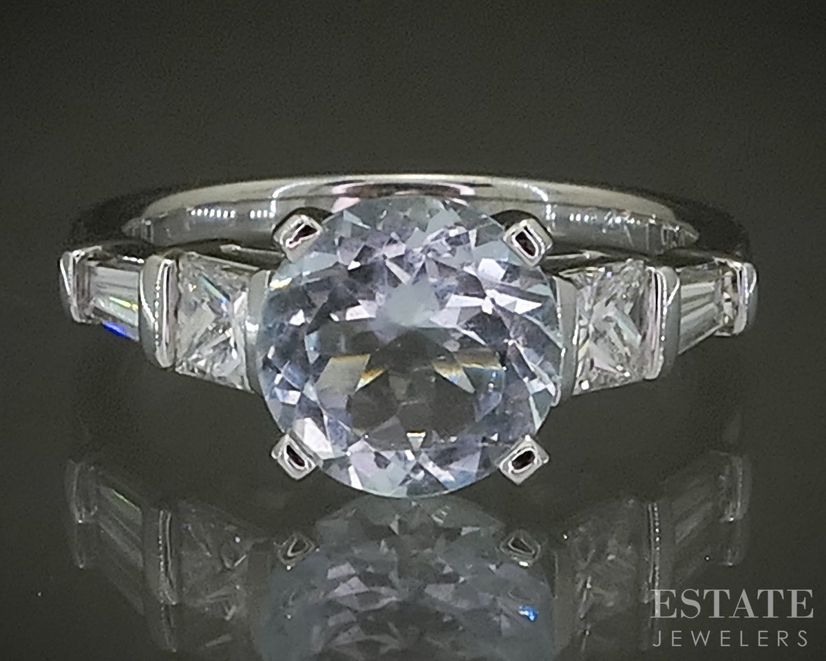14k White Gold Round Natural 1.54ct Aquamarine & Diamond Ring 3.5g p31123