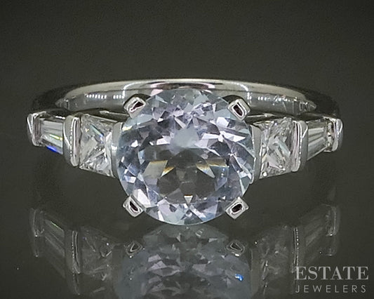 14k White Gold Round Natural 1.54ct Aquamarine & Diamond Ring 3.5g p31123