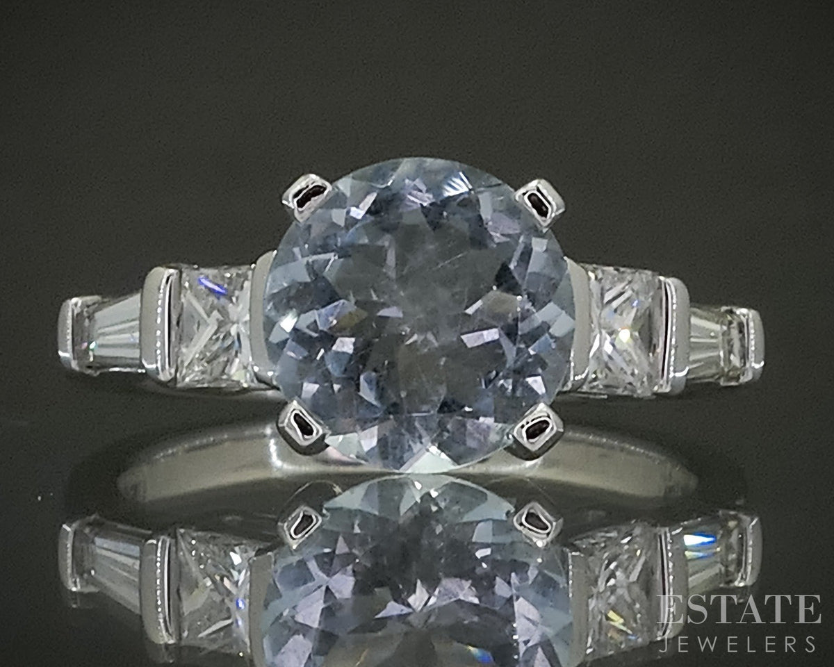 14k White Gold Round Natural 1.54ct Aquamarine & Diamond Ring 3.5g p31123