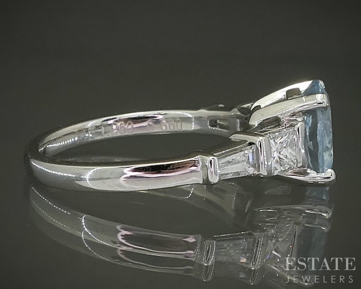 14k White Gold Round Natural 1.54ct Aquamarine & Diamond Ring 3.5g p31123