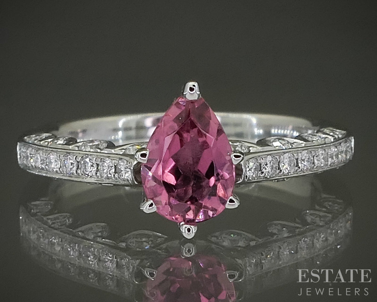 14k White Gold Pear Natural Pink Tourmaline & Diamond Ring 3.5g p31127