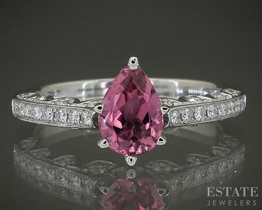 14k White Gold Pear Natural Pink Tourmaline & Diamond Ring 3.5g p31127